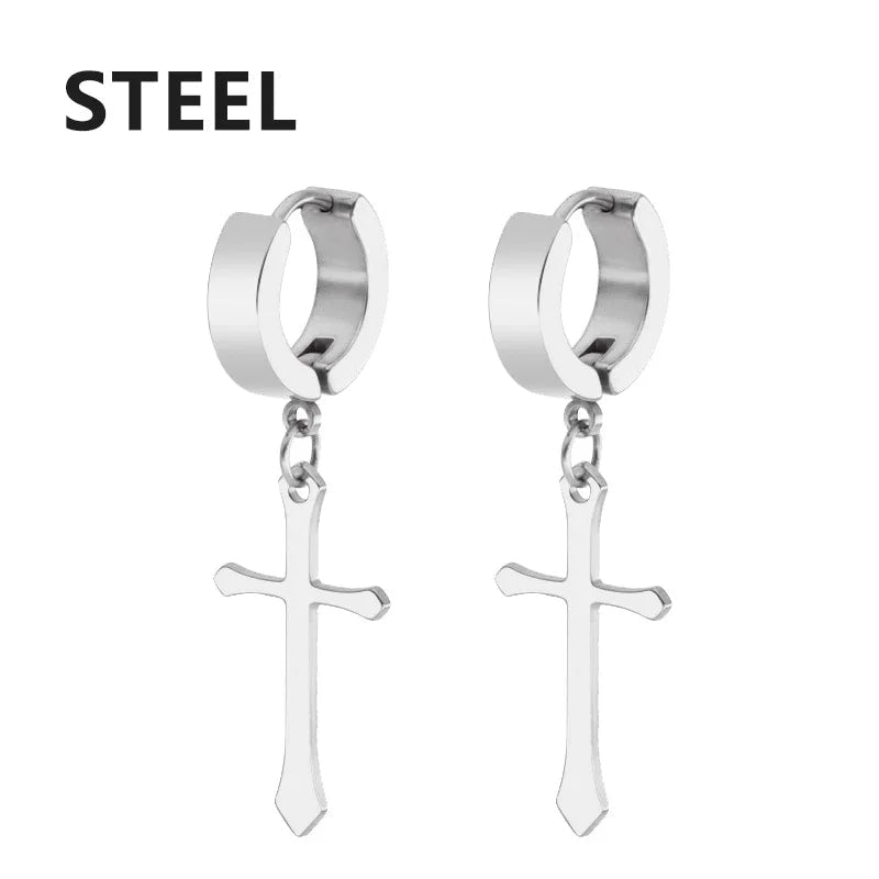 2pc Stainless Steel Men Cross Stars Punk Dangle Earrings Gothic Woman Cross Ear Hoop Earrings Huggies Pendant Piercing Jewelry - Not Of This World Movement