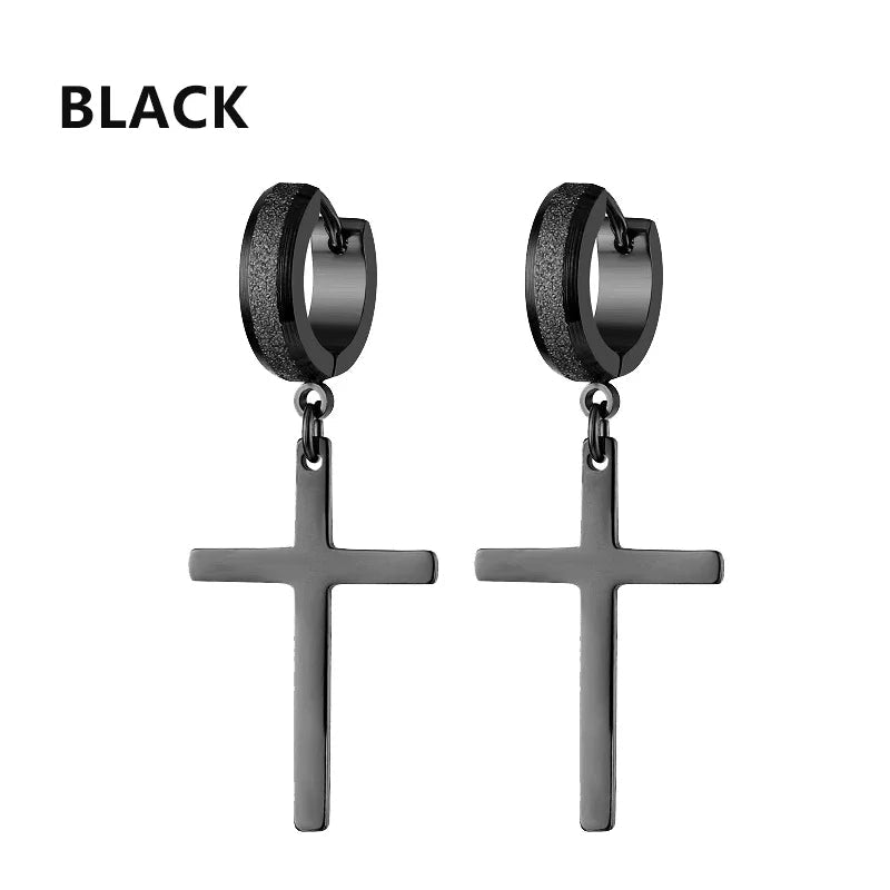 2pc Stainless Steel Men Cross Stars Punk Dangle Earrings Gothic Woman Cross Ear Hoop Earrings Huggies Pendant Piercing Jewelry - Not Of This World Movement