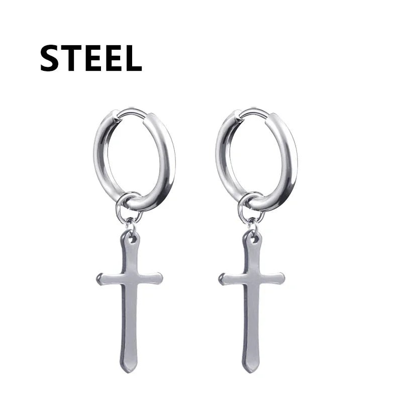 2pc Stainless Steel Men Cross Stars Punk Dangle Earrings Gothic Woman Cross Ear Hoop Earrings Huggies Pendant Piercing Jewelry - Not Of This World Movement