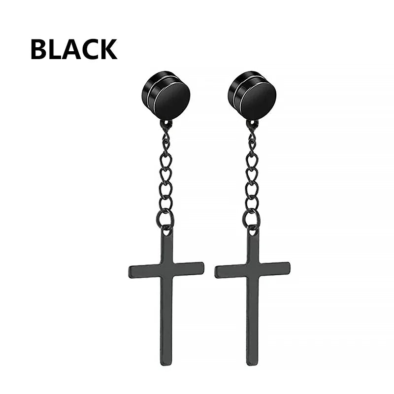 2pc Stainless Steel Men Cross Stars Punk Dangle Earrings Gothic Woman Cross Ear Hoop Earrings Huggies Pendant Piercing Jewelry - Not Of This World Movement