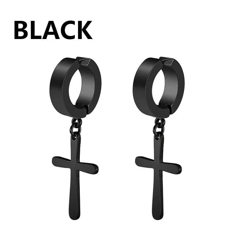 2pc Stainless Steel Men Cross Stars Punk Dangle Earrings Gothic Woman Cross Ear Hoop Earrings Huggies Pendant Piercing Jewelry - Not Of This World Movement