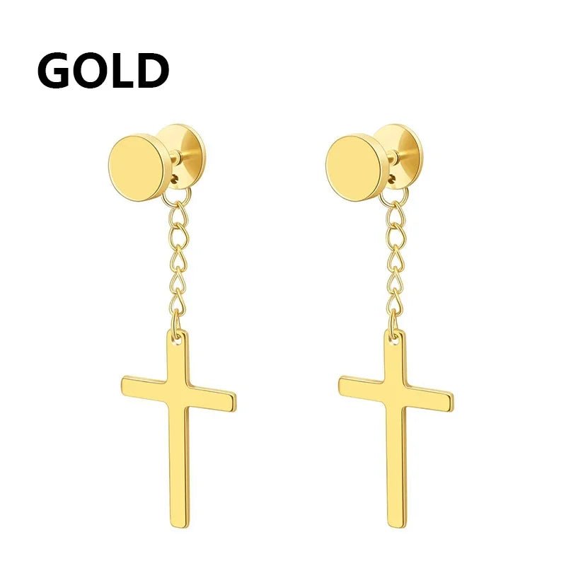 2pc Stainless Steel Men Cross Stars Punk Dangle Earrings Gothic Woman Cross Ear Hoop Earrings Huggies Pendant Piercing Jewelry - Not Of This World Movement