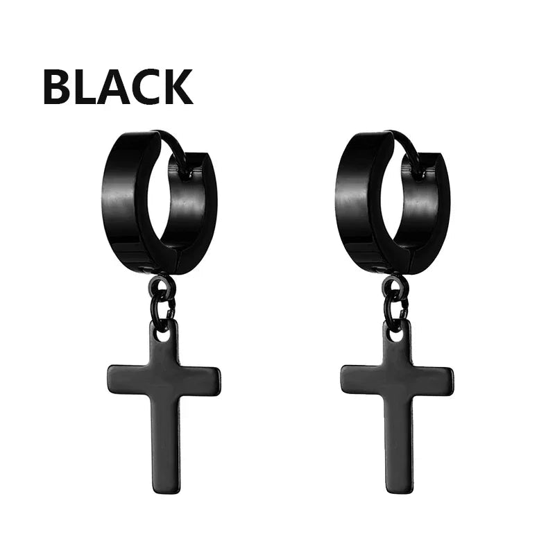 2pc Stainless Steel Men Cross Stars Punk Dangle Earrings Gothic Woman Cross Ear Hoop Earrings Huggies Pendant Piercing Jewelry - Not Of This World Movement