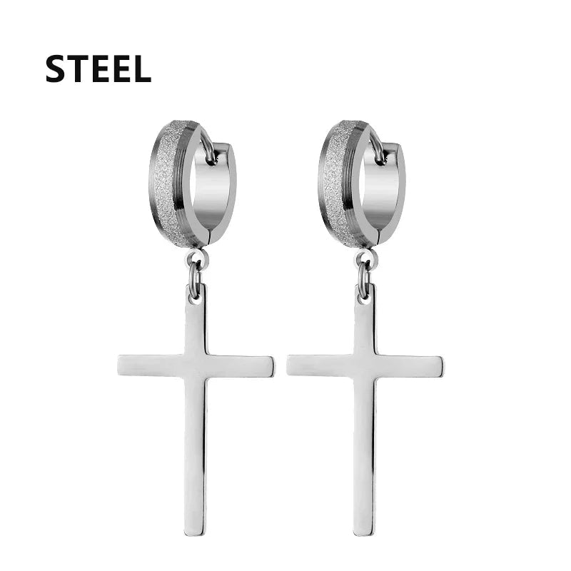 2pc Stainless Steel Men Cross Stars Punk Dangle Earrings Gothic Woman Cross Ear Hoop Earrings Huggies Pendant Piercing Jewelry - Not Of This World Movement