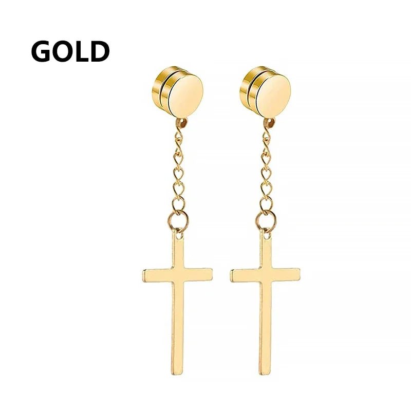 2pc Stainless Steel Men Cross Stars Punk Dangle Earrings Gothic Woman Cross Ear Hoop Earrings Huggies Pendant Piercing Jewelry - Not Of This World Movement