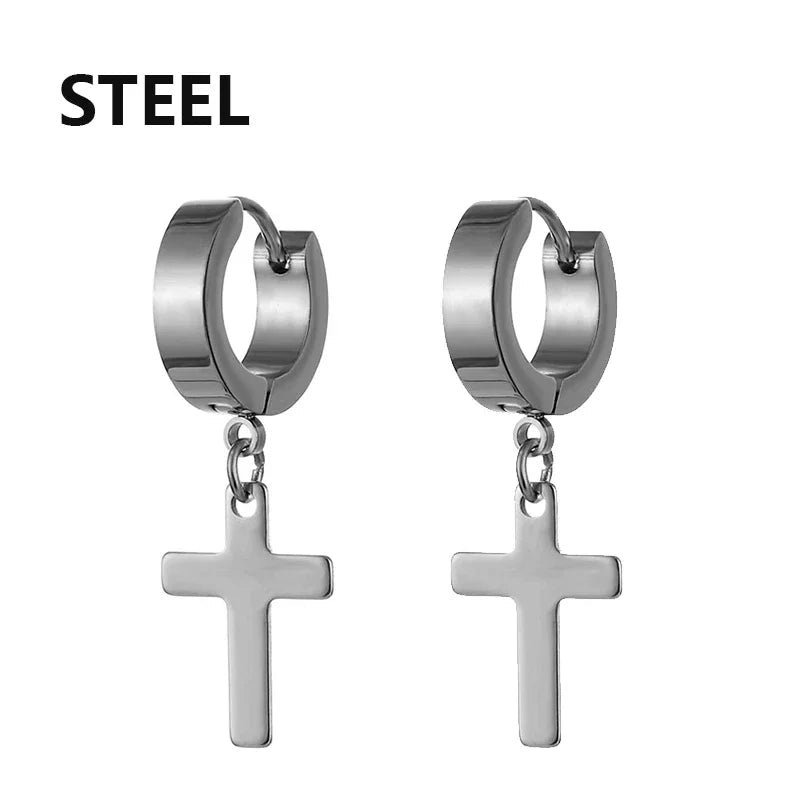 2pc Stainless Steel Men Cross Stars Punk Dangle Earrings Gothic Woman Cross Ear Hoop Earrings Huggies Pendant Piercing Jewelry - Not Of This World Movement