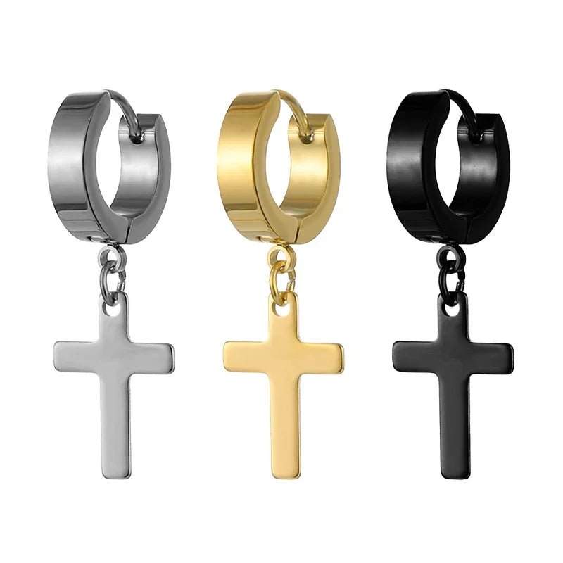 2pc Stainless Steel Men Cross Stars Punk Dangle Earrings Gothic Woman Cross Ear Hoop Earrings Huggies Pendant Piercing Jewelry - Not Of This World Movement