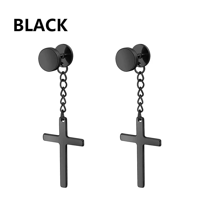 2pc Stainless Steel Men Cross Stars Punk Dangle Earrings Gothic Woman Cross Ear Hoop Earrings Huggies Pendant Piercing Jewelry - Not Of This World Movement