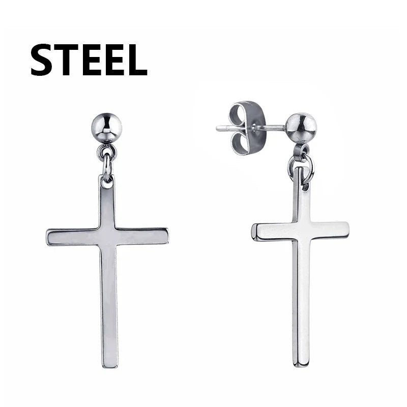 2pc Stainless Steel Men Cross Stars Punk Dangle Earrings Gothic Woman Cross Ear Hoop Earrings Huggies Pendant Piercing Jewelry - Not Of This World Movement