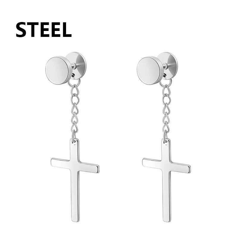 2pc Stainless Steel Men Cross Stars Punk Dangle Earrings Gothic Woman Cross Ear Hoop Earrings Huggies Pendant Piercing Jewelry - Not Of This World Movement