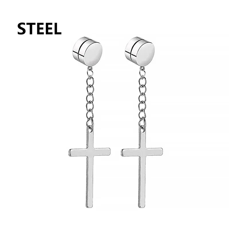 2pc Stainless Steel Men Cross Stars Punk Dangle Earrings Gothic Woman Cross Ear Hoop Earrings Huggies Pendant Piercing Jewelry - Not Of This World Movement