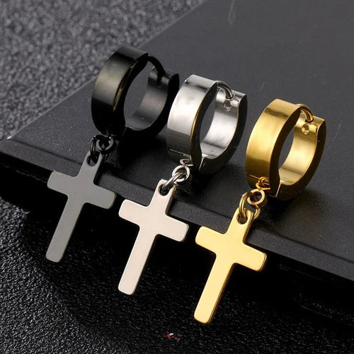 2pc Stainless Steel Men Cross Stars Punk Dangle Earrings Gothic Woman Cross Ear Hoop Earrings Huggies Pendant Piercing Jewelry - Not Of This World Movement