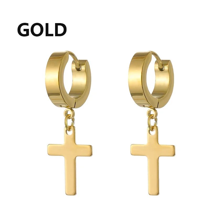 2pc Stainless Steel Men Cross Stars Punk Dangle Earrings Gothic Woman Cross Ear Hoop Earrings Huggies Pendant Piercing Jewelry - Not Of This World Movement