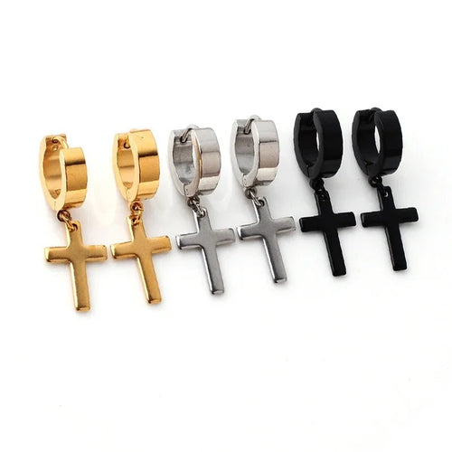 2pc Stainless Steel Men Cross Stars Punk Dangle Earrings Gothic Woman Cross Ear Hoop Earrings Huggies Pendant Piercing Jewelry - Not Of This World Movement