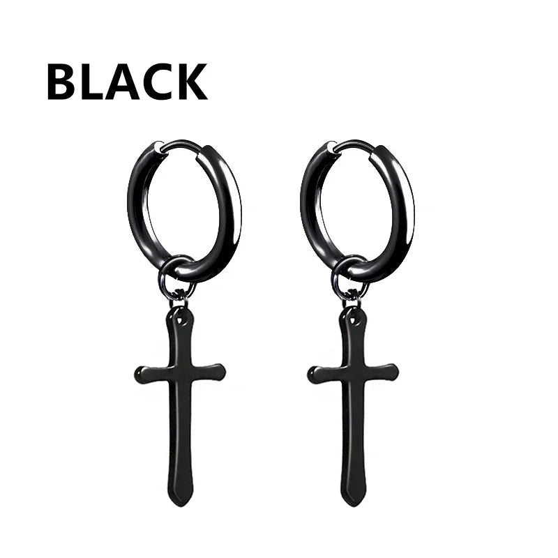 2pc Stainless Steel Men Cross Stars Punk Dangle Earrings Gothic Woman Cross Ear Hoop Earrings Huggies Pendant Piercing Jewelry - Not Of This World Movement