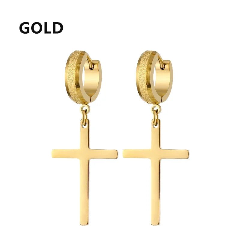 2pc Stainless Steel Men Cross Stars Punk Dangle Earrings Gothic Woman Cross Ear Hoop Earrings Huggies Pendant Piercing Jewelry - Not Of This World Movement