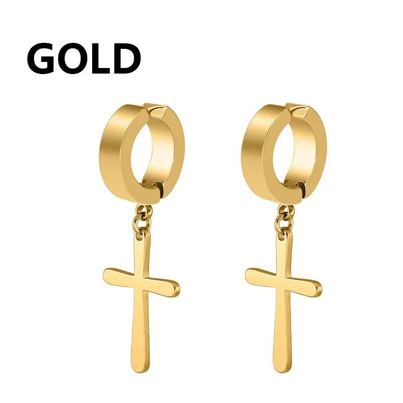 2pc Stainless Steel Men Cross Stars Punk Dangle Earrings Gothic Woman Cross Ear Hoop Earrings Huggies Pendant Piercing Jewelry - Not Of This World Movement
