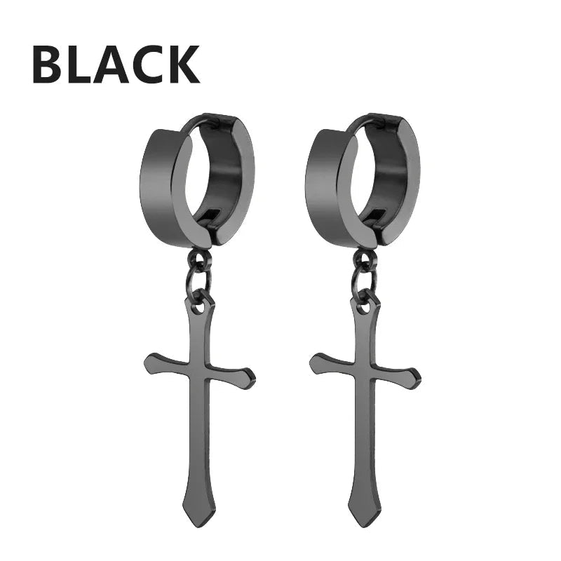 2pc Stainless Steel Men Cross Stars Punk Dangle Earrings Gothic Woman Cross Ear Hoop Earrings Huggies Pendant Piercing Jewelry - Not Of This World Movement