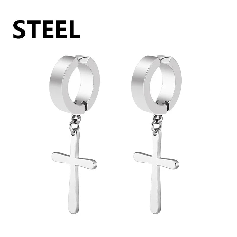 2pc Stainless Steel Men Cross Stars Punk Dangle Earrings Gothic Woman Cross Ear Hoop Earrings Huggies Pendant Piercing Jewelry - Not Of This World Movement