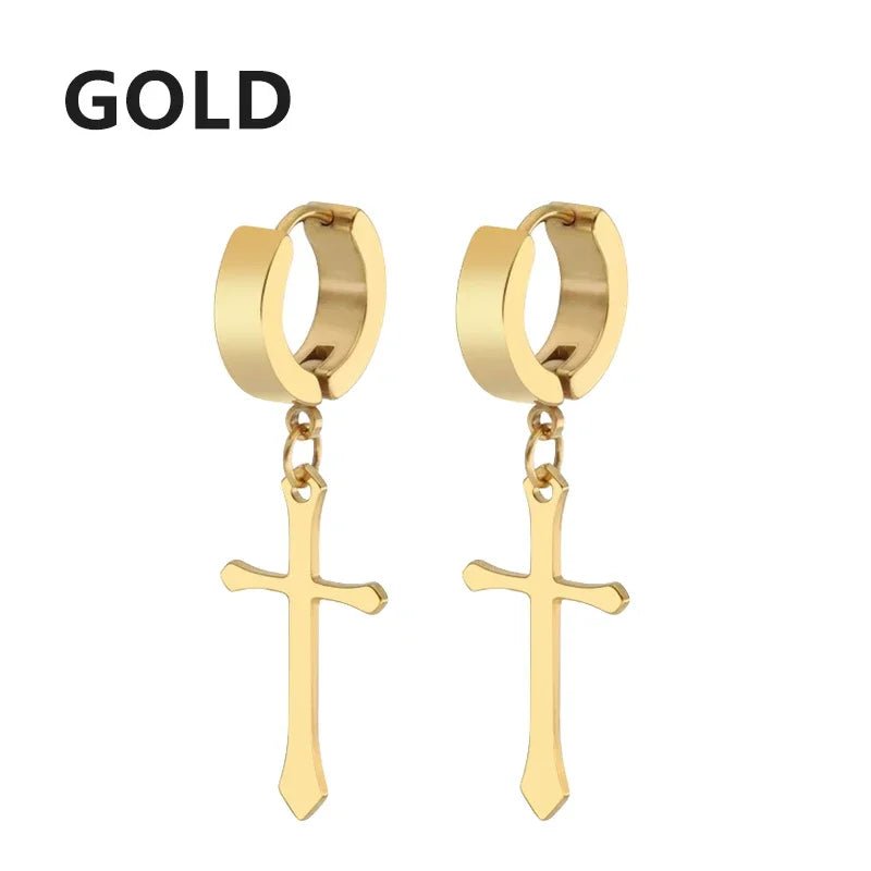 2pc Stainless Steel Men Cross Stars Punk Dangle Earrings Gothic Woman Cross Ear Hoop Earrings Huggies Pendant Piercing Jewelry - Not Of This World Movement
