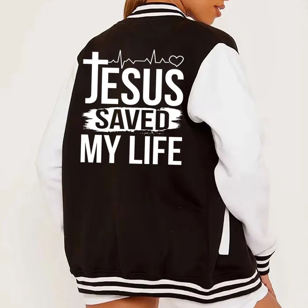 Jesus Saved My Life Varsity Jacket – Faith Streetwear Baseball Jacket - Not Of This World Movement