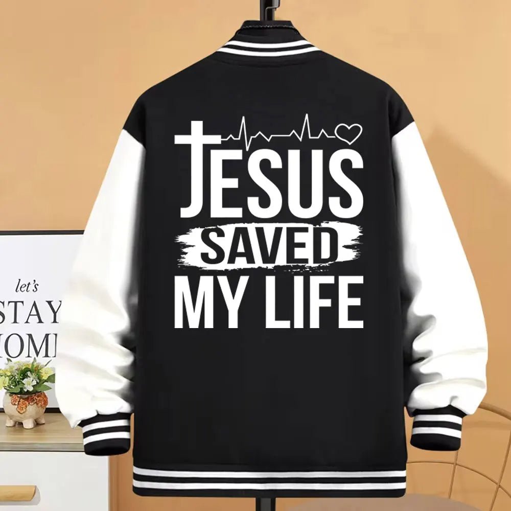 Jesus Saved My Life Varsity Jacket – Faith Streetwear Baseball Jacket - Not Of This World Movement