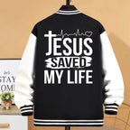 Jesus Saved My Life Varsity Jacket – Faith Streetwear Baseball Jacket - Not Of This World Movement