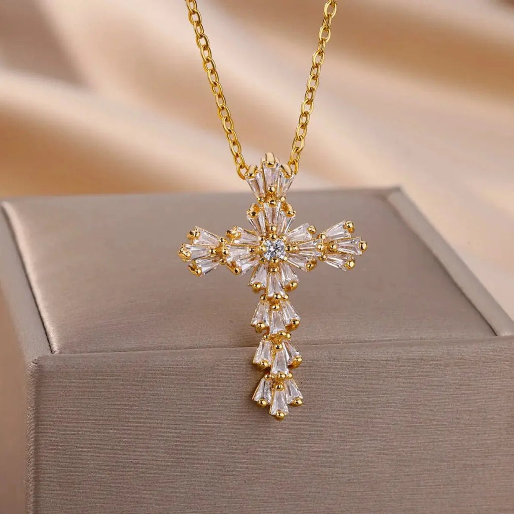 Luxury Zirconia Cross Pendant Necklace for Women Zircon Crystal Stainless Steel Chain Charm New Trend Aesthetic Jewerly collares - Not Of This World Movement