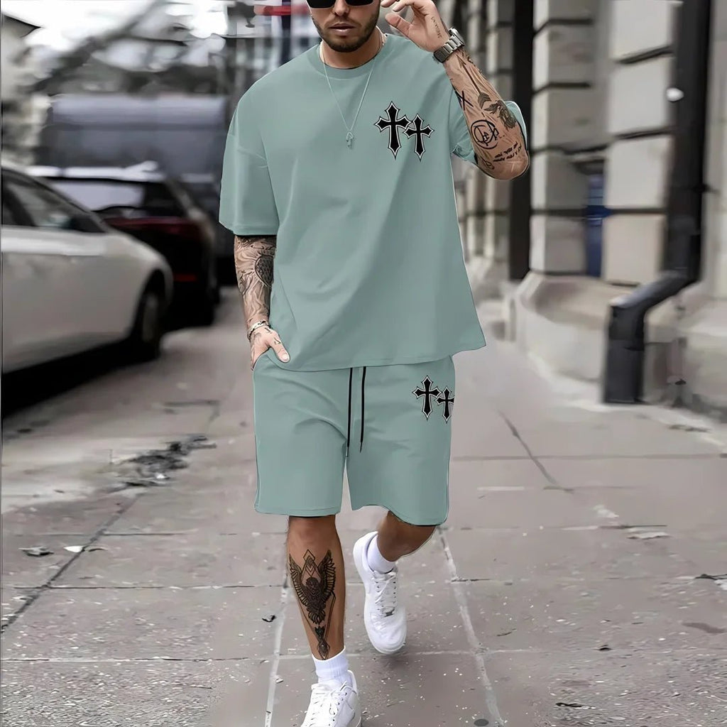 Men’s Cross Print Summer Tee & Shorts Set - Not Of This World Movement