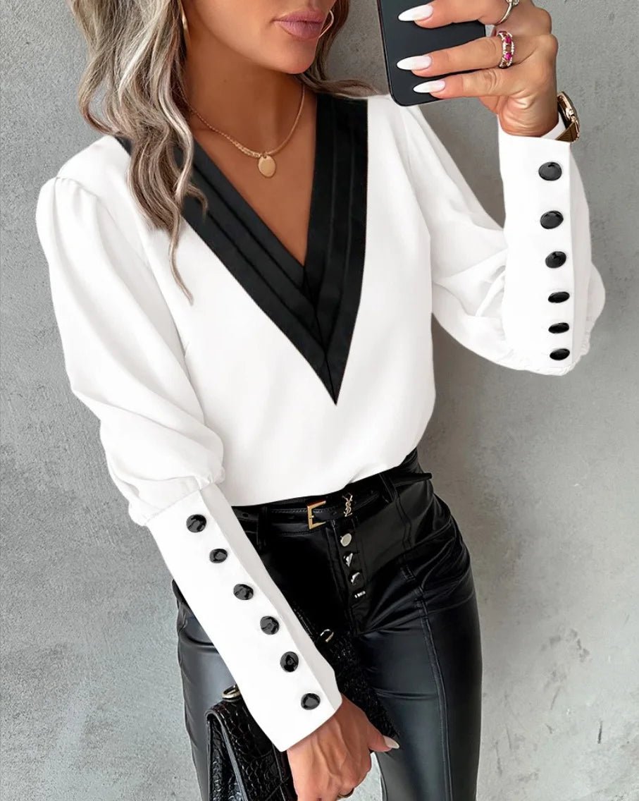 Office Ladies V - neck Button Shirt Blouse Spring Autumn Fashion Color Matching Long Sleeve Shirts For Women 2024 White Tops Femme - Not Of This World Movement