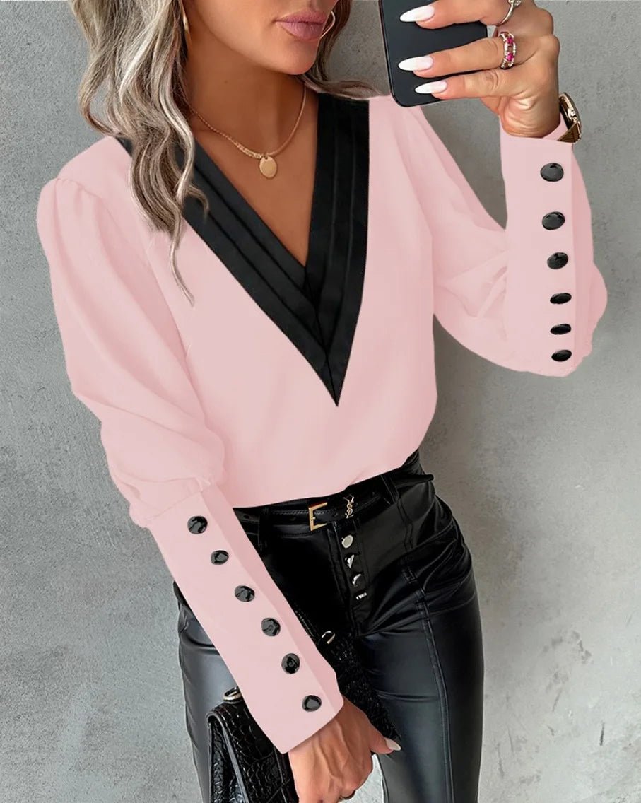 Office Ladies V - neck Button Shirt Blouse Spring Autumn Fashion Color Matching Long Sleeve Shirts For Women 2024 White Tops Femme - Not Of This World Movement