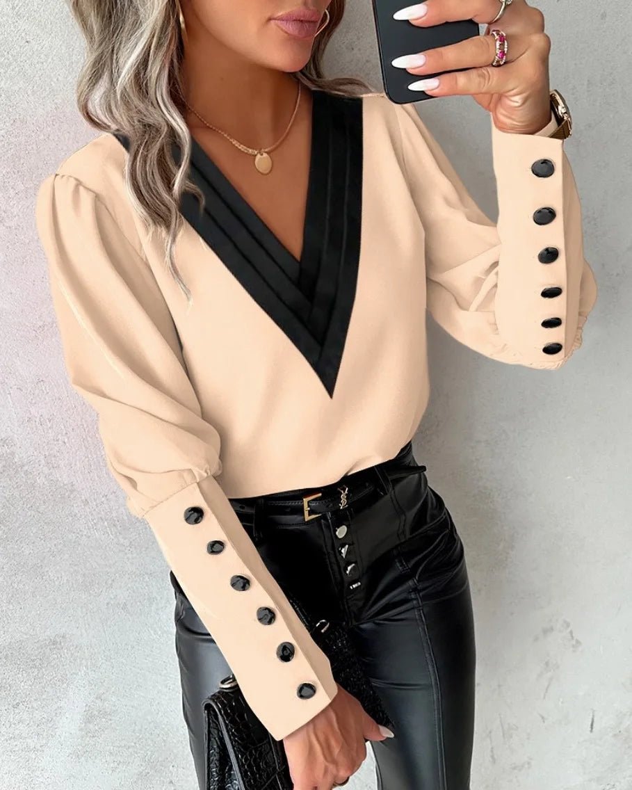 Office Ladies V - neck Button Shirt Blouse Spring Autumn Fashion Color Matching Long Sleeve Shirts For Women 2024 White Tops Femme - Not Of This World Movement