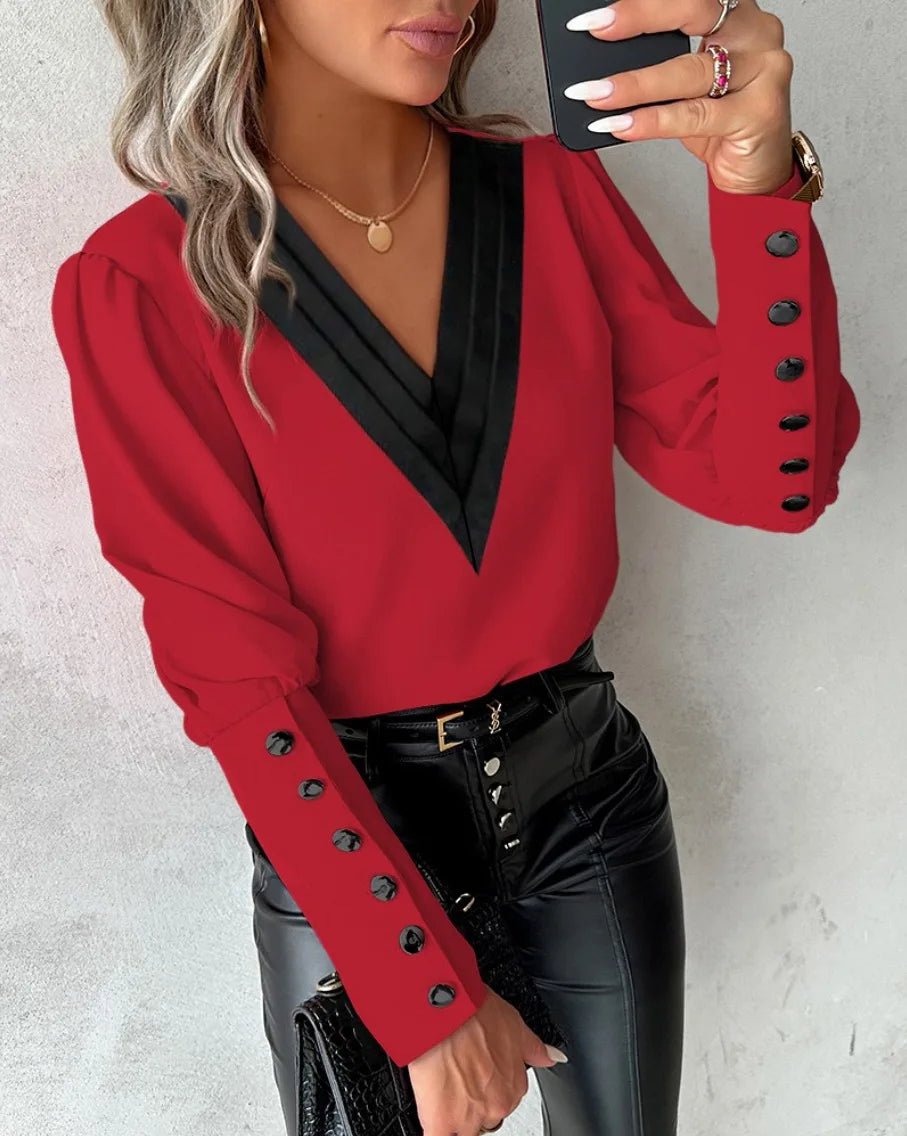Office Ladies V - neck Button Shirt Blouse Spring Autumn Fashion Color Matching Long Sleeve Shirts For Women 2024 White Tops Femme - Not Of This World Movement