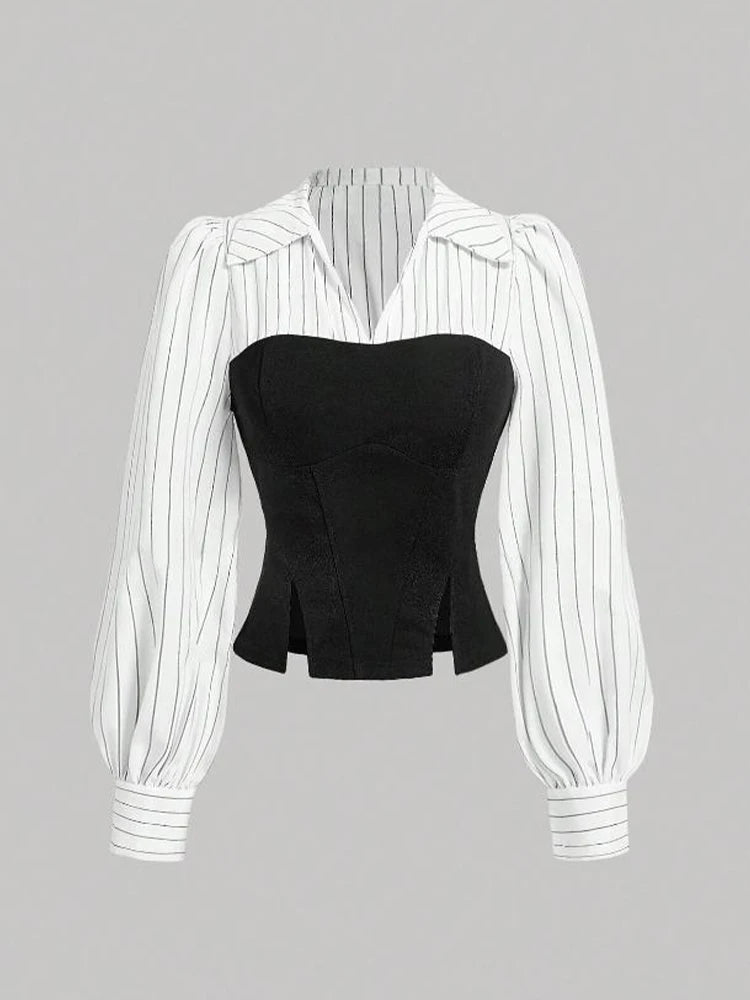 Women's Fashion Striped Spliced Lapel Shirt Elegant Fashion Style Business Casual Office Wear - Not Of This World Movement